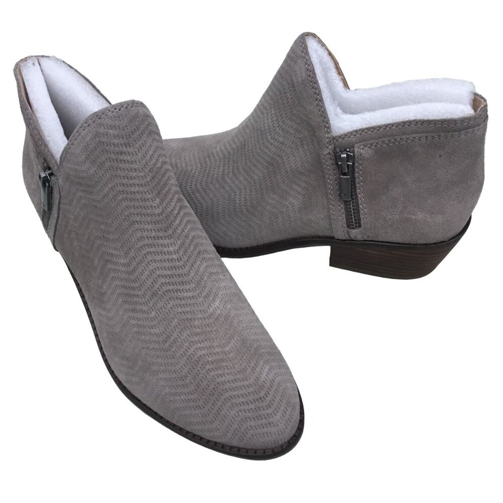 Lucky Brand FHUNA Titanium Suede Embossed Double Side Zip Block Heel Booties 10